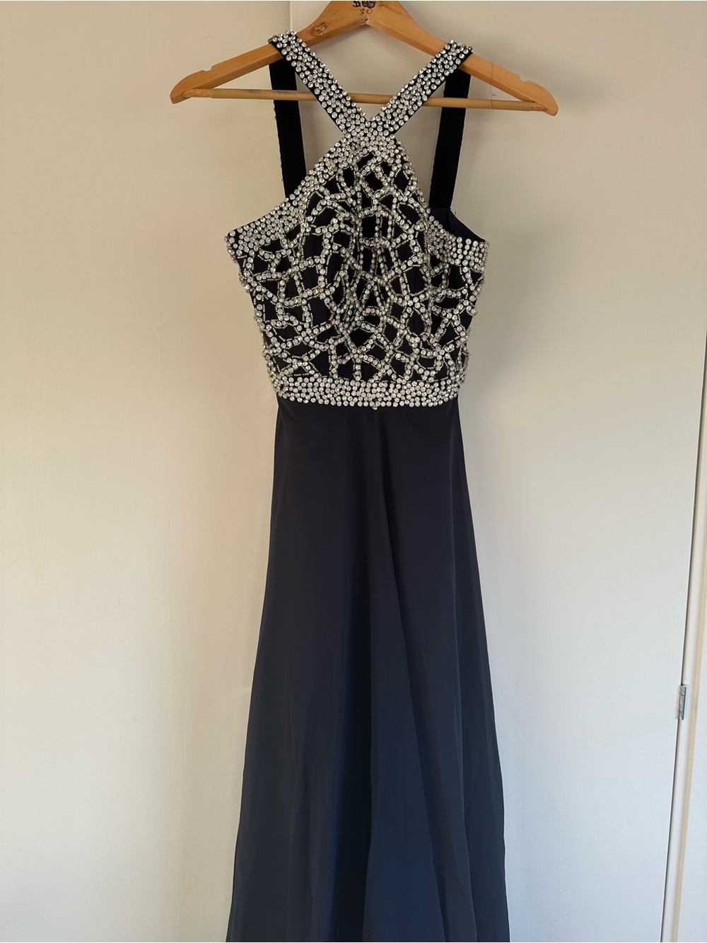 Heavy Beaded Rhinestone Navy Blue Formal Prom Pageant Gown
